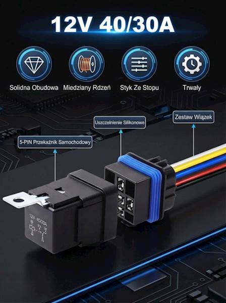 Przekaźnik samochodowy WODOSZCZELNY IP 12V 40/30A + gniazdo obudowa 5PIN