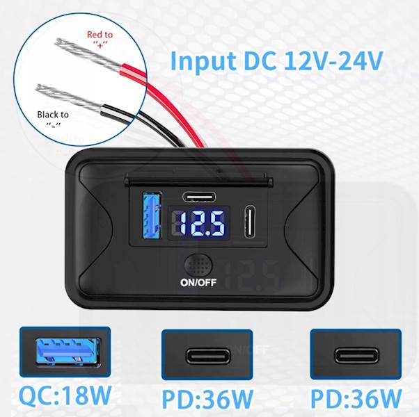 Gniazdo montażowe 2x PD QC 3.0 z klapką On/Off włącznik LED Wolotmierz