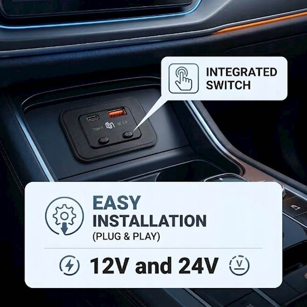 Gniazdo samochodowe montażowe 12V 24V USB C PD 48W QC 3.0 Wyłącznik Sparky
