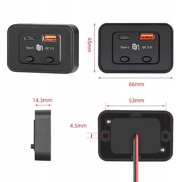 Gniazdo samochodowe montażowe 12V 24V USB C PD 48W QC 3.0 Wyłącznik Sparky