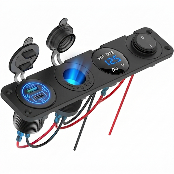 Panel samochodowy 4w1 prostokąt USB-C PD QC 3.0 Woltomierz Przełącznik
