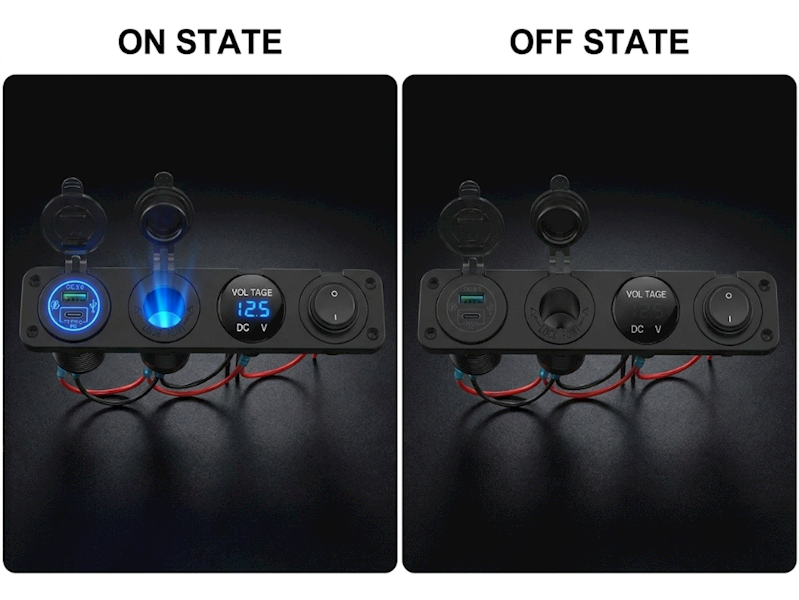 Panel samochodowy 4w1 prostokąt USB-C PD QC 3.0 Woltomierz Przełącznik