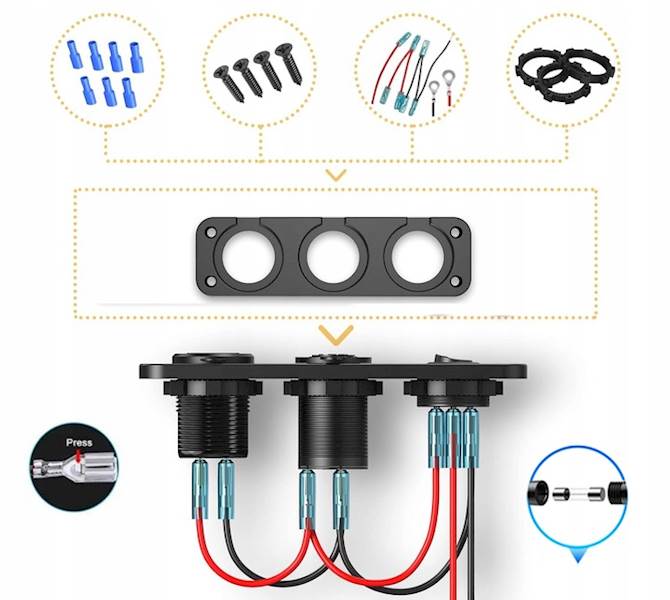 Dodatkowe gniazdo zapalniczki PANEL 3w1 Ładowarka USB Woltimierz ON/OFF