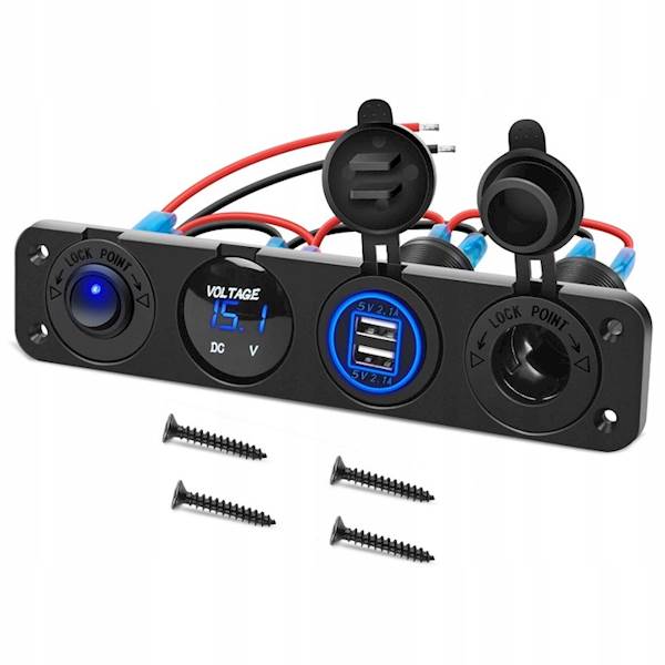 Dodatkowe gniazdo zapalniczki PANEL 4w1 Woltomierz Ładowarka 2 x USB ON/OFF + Kable