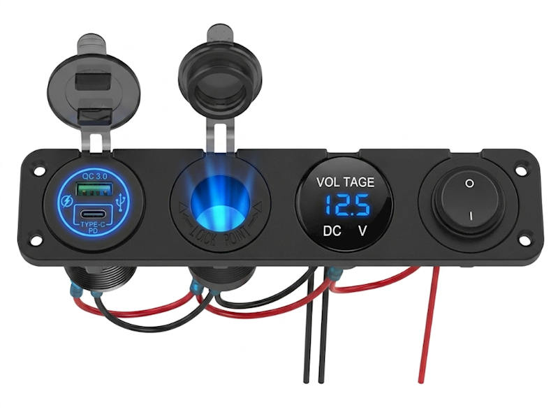 Panel samochodowy 4w1 prostokąt USB-C PD QC 3.0 Woltomierz Przełącznik