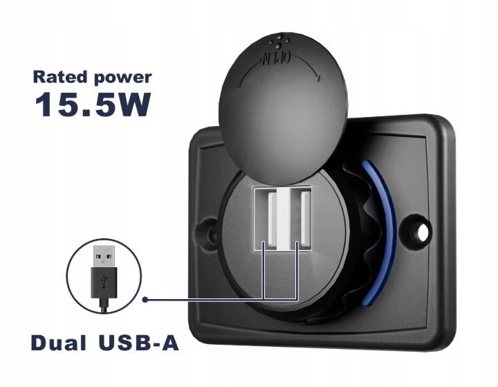 Ładowarka montażowa USB 3,1 A  12V 24V LED Niebieski O/C