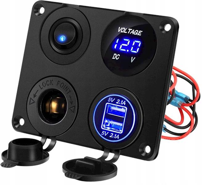 Dodatkowe gniazdo zapalniczki PANEL 4w1 Woltomierz Ładowarka 2 x USB ON/OFF + Kable