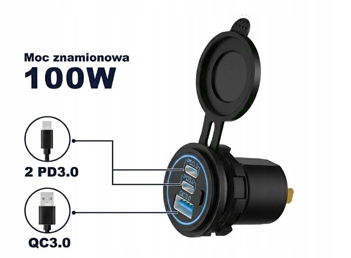 Gniazdo samochodowe montażowe Ładowarka USB C PD QC 3.0 100W 12\24V Sparky