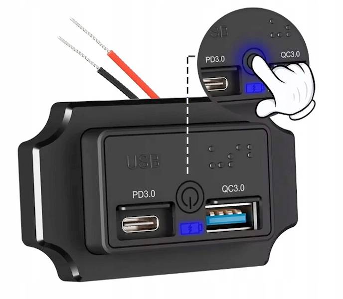Ładowarka USB PD3.0 QC3.0 montażowa 12V 24V IP55 LED ON OFF Dotyk