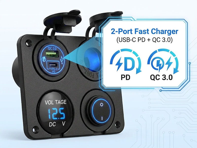 Panel samochodowy 4w1 Kwadrat USB-C PD QC 3.0 Woltomierz 12/24V ON/OFF LED