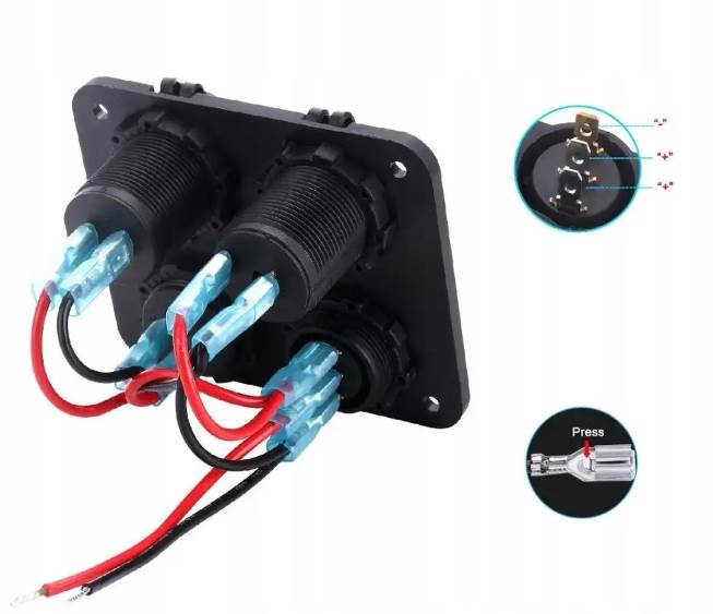 Dodatkowe gniazdo zapalniczki PANEL 4w1 Woltomierz Ładowarka 2 x USB ON/OFF + Kable