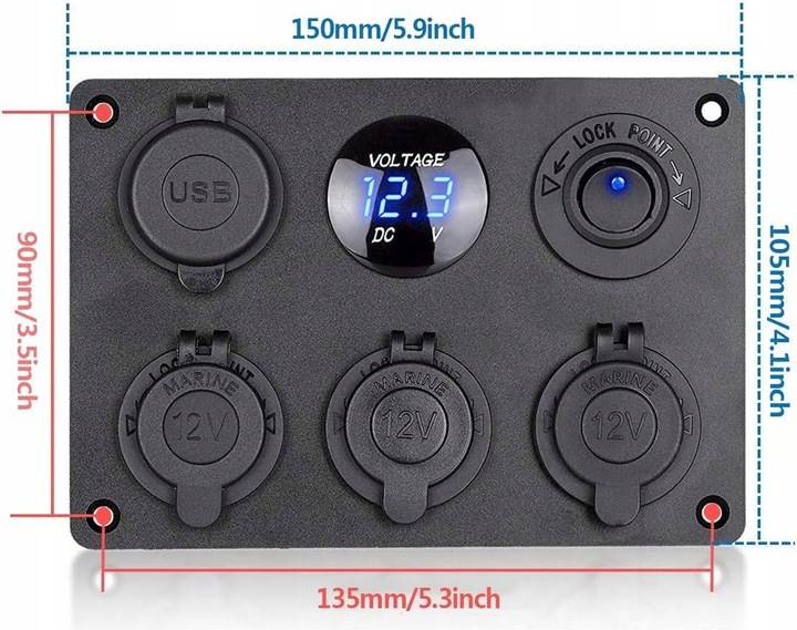 Dodatkowe gniazdo zapalniczki PANEL 6 w 1 Ładowarka USB Woltomierz KABLE