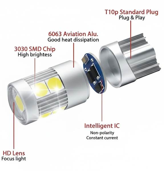 Mocna żarówka LED W5W T10 CANBUS 12V 18V CARZE3 Soczewka Postojowe 1 szt.