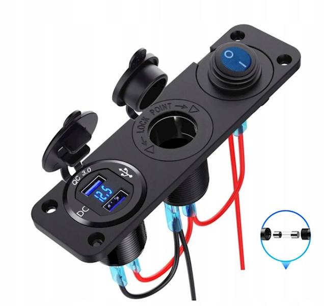 Dodatkowe gniazdo zapalniczki PANEL 3w1 Ładowarka USB Woltimierz ON/OFF