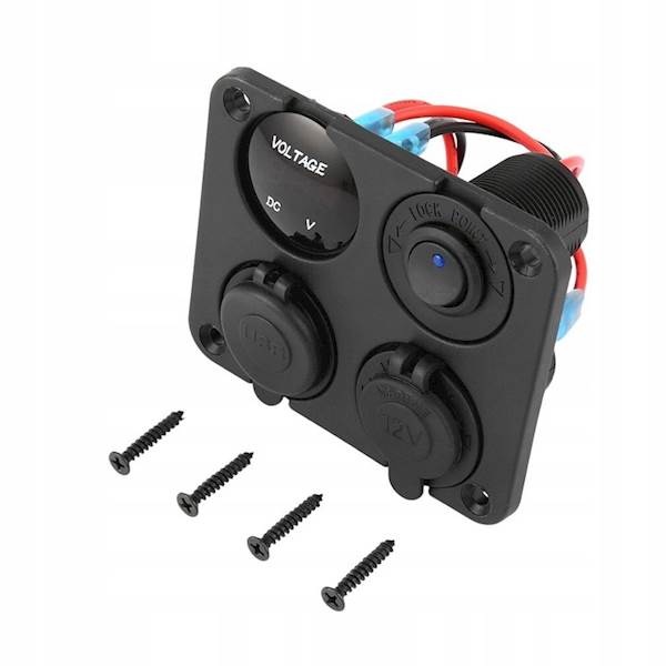 Dodatkowe gniazdo zapalniczki PANEL 4w1 Woltomierz Ładowarka 2 x USB ON/OFF + Kable