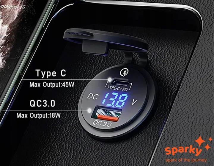 Sparky Ladowarka 63W USB PD 45W QC 3.0 | Woltomierz IP65 Aluminium