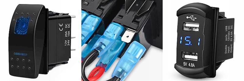 Panel przełącznikowy samochodowy podwójny + 2 USB 4,8 A niebieski + kable