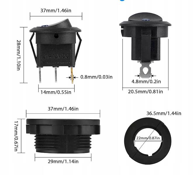 Przełącznik Kołyskowy 12V 20A LED Niebieski Wodoodporny ON/OFF 3-PIN