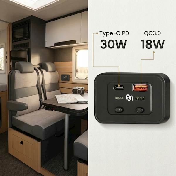 Gniazdo samochodowe montażowe 12V 24V USB C PD 48W QC 3.0 Wyłącznik Sparky