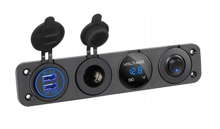 Dodatkowe gniazdo zapalniczki PANEL 4w1 Woltomierz Ładowarka 2 x USB ON/OFF + Kable