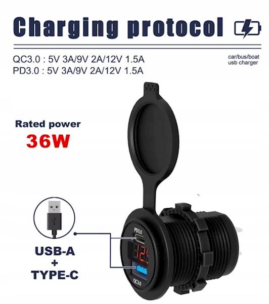 Sparky Ladowarka Montazowa 36W - USB-C PD + QC 3.0 - Woltomierz