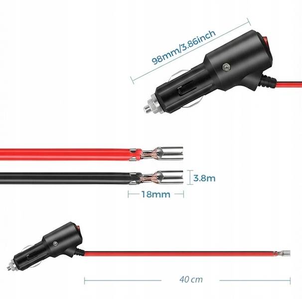 Wtyk zapalniczki samochodowej 12V 24V 14AWG 40cm ON OFF Sparky Powercore 480W