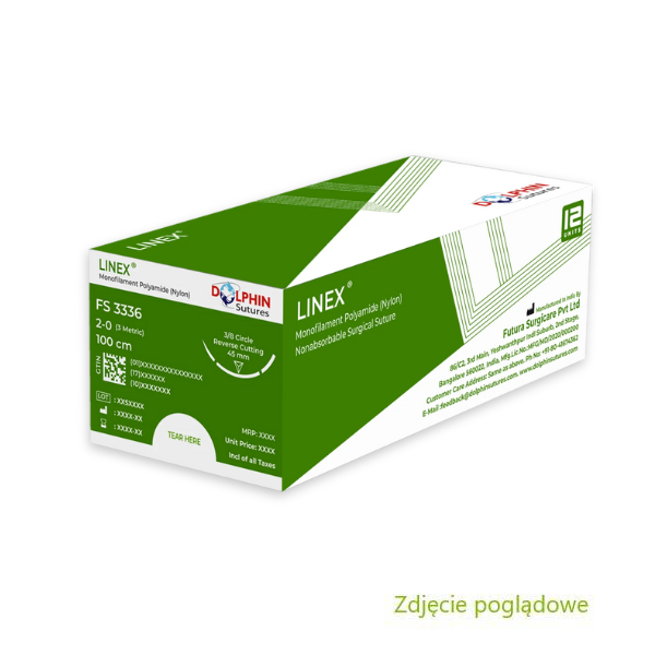 DOLPHIN SUTURES- Nici chirurgiczne linex , nić nylonowa 4-0, igła tnąca 3/8 koła, długość igły 16mm, długość nici 70 cm, opakowanie zawiera 12 nici