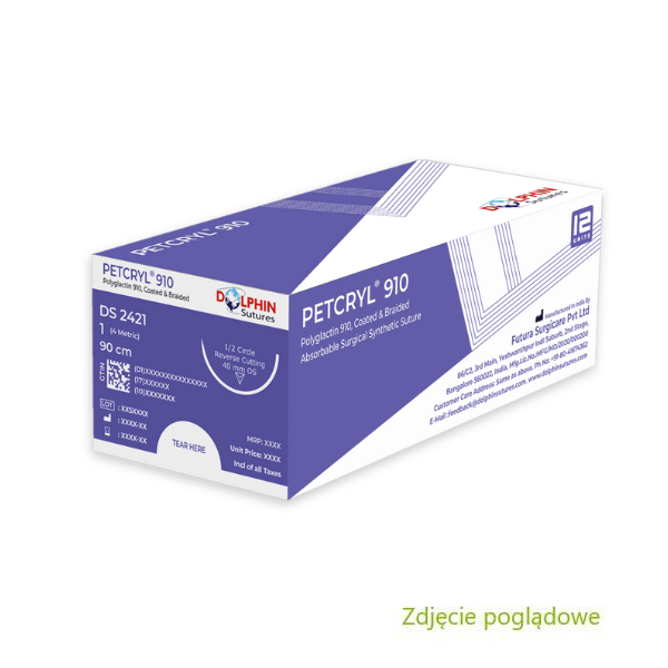 DOLPHIN SUTURES- Nici chirurgiczne petcryl 910, wchłanialna poliglaktina 910, 4-0, igła okrągła 1/2 koła, długość igły 20mm, długość nici 70 cm, opakowanie zawiera 12 nici