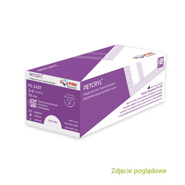 DOLPHIN SUTURES- Nici chirurgiczne petcryl, wchłanialna poliglikolowa, 5-0, igła okrągła 1/2 koła, długość igły 16mm, długość nici 45 cm, opakowanie zawiera 12 nici