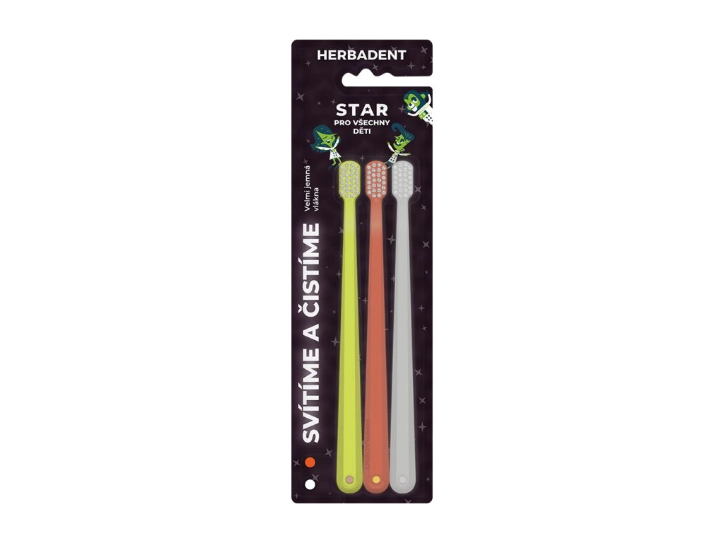 HERBADENT STAR Tripplepack Zestaw szczoteczek do zębów z bardzo miękkim włosiem – mix kolorów GLOW, blister