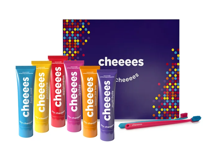 CHEEEES Be Cool - Zestaw 6 enzymatycznych past wybielających i 3 zestawy szczoteczek w opakowaniu prezentowym