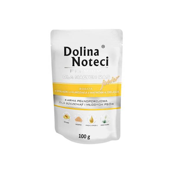 DOLINA NOTECI JUNIOR BOGATA W ŻOŁĄDKI Z KURCZAKA Z WĄTRÓBKĄ CIELĘCĄ 100G
