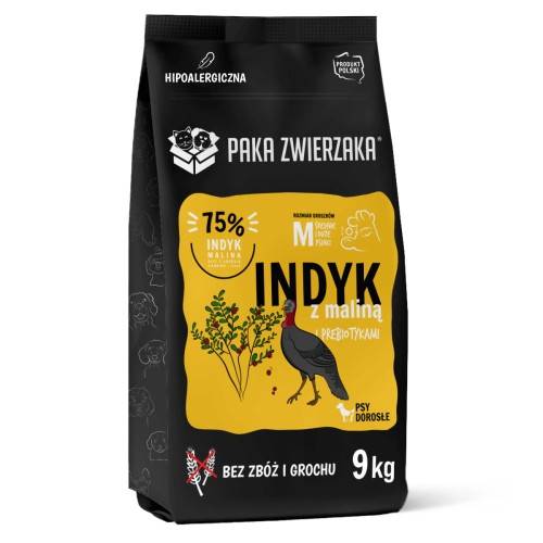 PAKA ZWIERZAKA KARMA SUCHA INDYK Z MALINĄ "M" 9KG