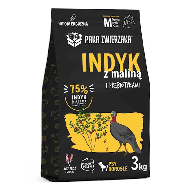 PAKA ZWIERZAKA KARMA SUCHA INDYK Z MALINĄ "M" 3KG