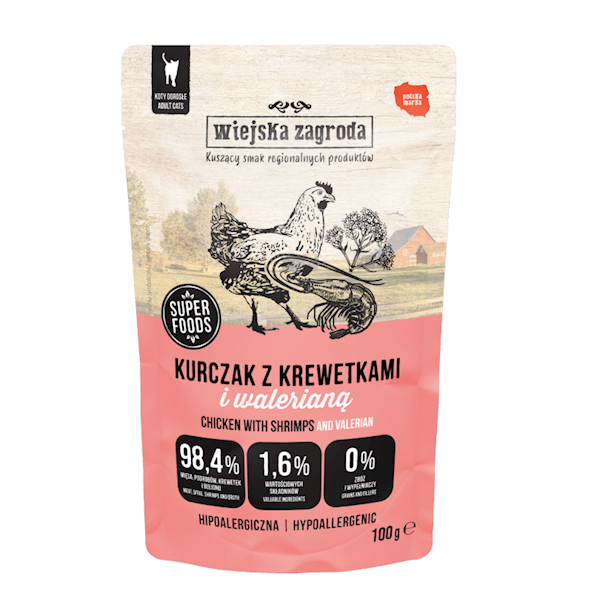 WIEJSKA ZAGRODA DLA KOTA KURCZAK Z KREWETKAMI I WALERIANĄ 100G 