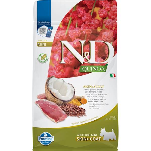 N&D QUINOA DOG SKIN&COAT, DUCK, COCONUT ADULT MINI L BREEDS 800G