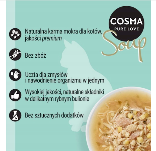 COSMA SOUP TUŃCZYK Z ZIELONYM GROSZKIEM 40G – ZUPKA DLA KOTA