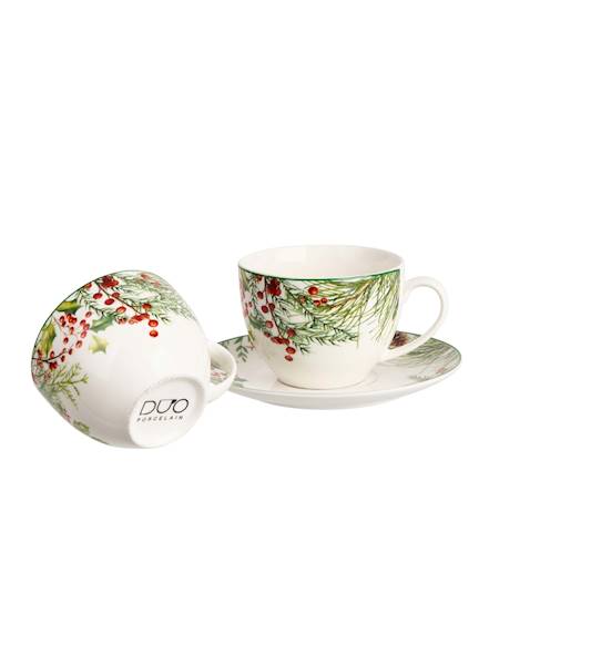 Filiżanka DUO ze spodkiem 270mlx2 Christmas Leaves