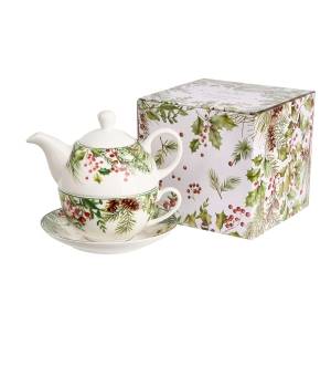 Filiżanka DUO z dzbankiem i spodkiem Christmas Leaves