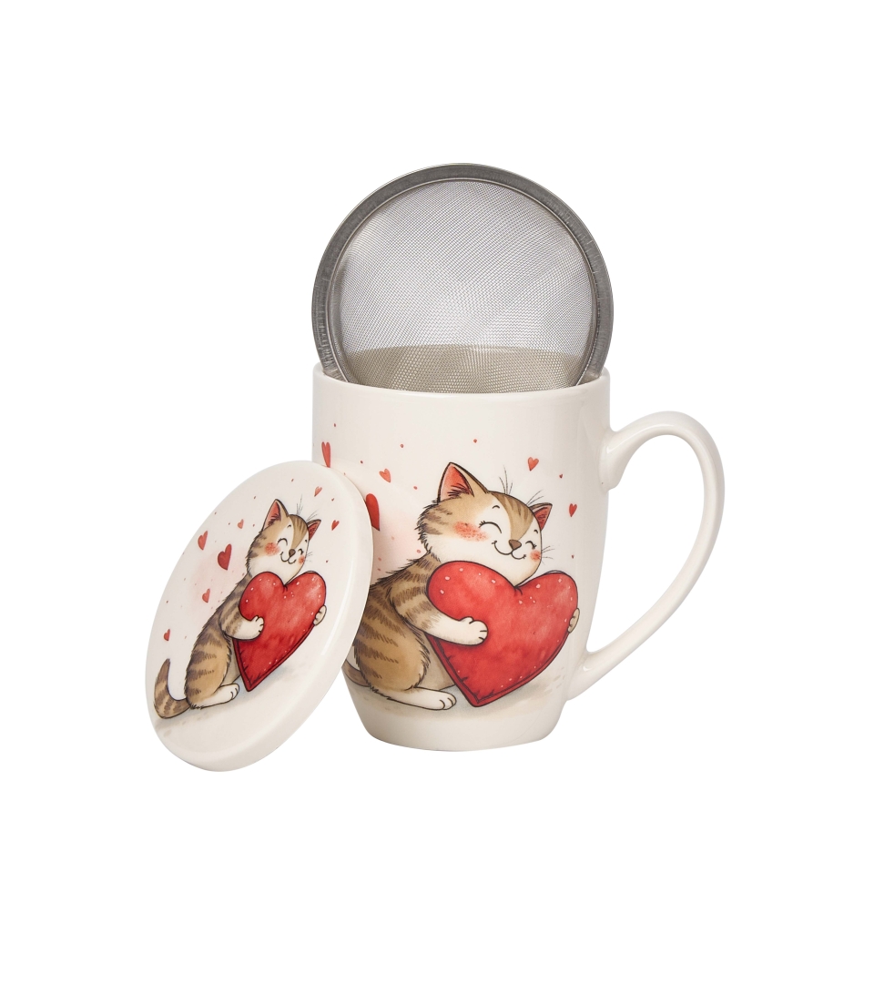 Kubek DUO 360ml z zaparzaczem KOT Z ZABAWKĄ