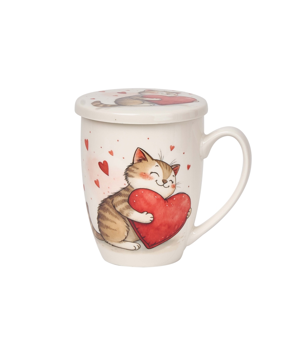 Kubek DUO 360ml z zaparzaczem KOT Z ZABAWKĄ