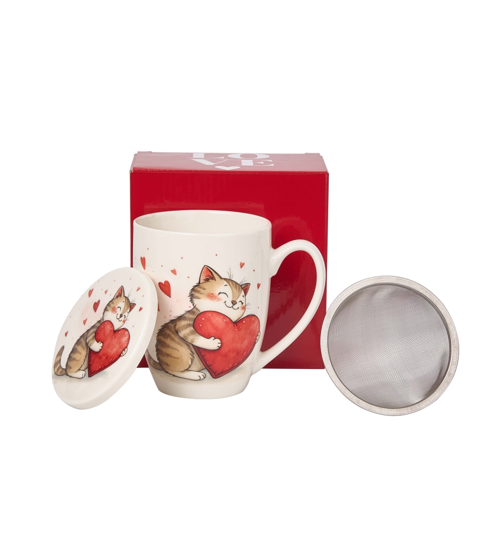 Kubek DUO 360ml z zaparzaczem KOT Z ZABAWKĄ