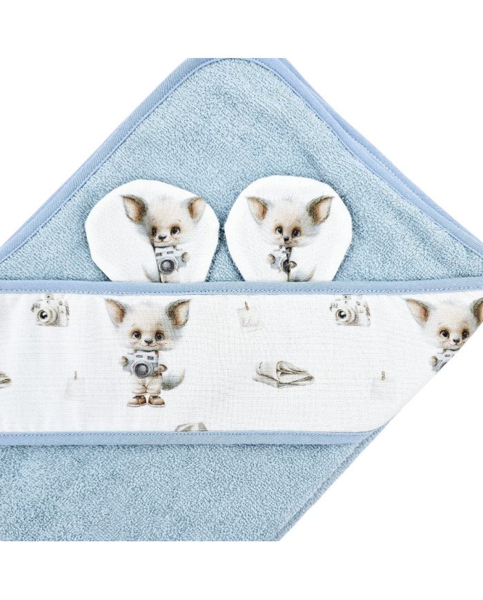 Ręcznik EKO z kapturkiem Fotograf niebieski 100x100