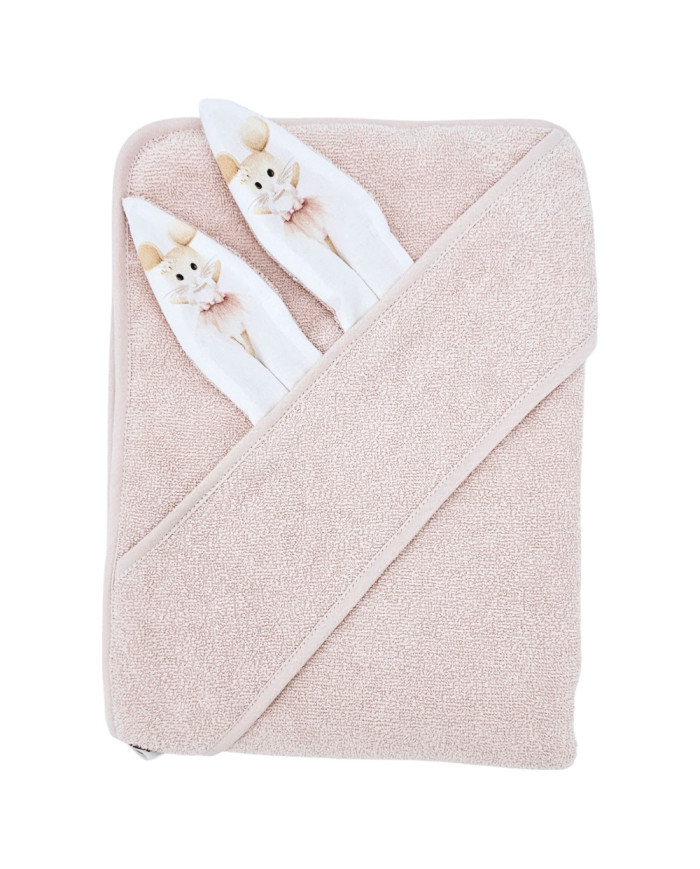 Ręcznik EKO z kapturkiem Myszka Balerina pudrowy róż 100x100