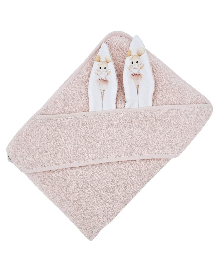 Ręcznik EKO z kapturkiem Myszka Balerina pudrowy róż 100x100
