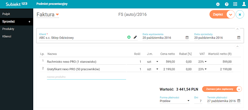 INSERT SUBIEKT 123, 12 miesięcy, 1 podmiot BOX