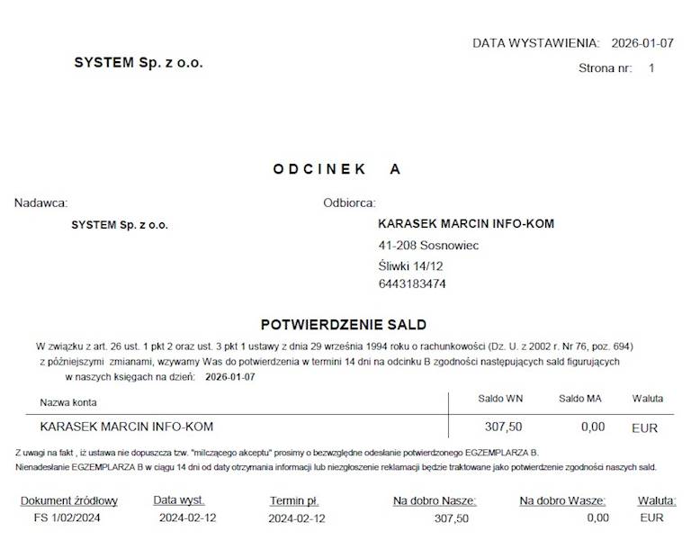 Potwierdzeń sald dla Subiekt GT