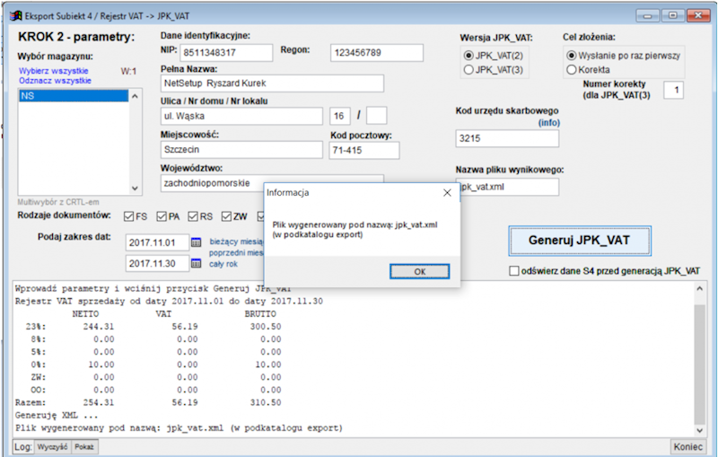 JPK Subiekt 4 DOS - generator JPK_VAT
