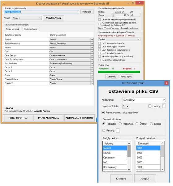 Import towarów, cenników z plików XLS dla GT ar