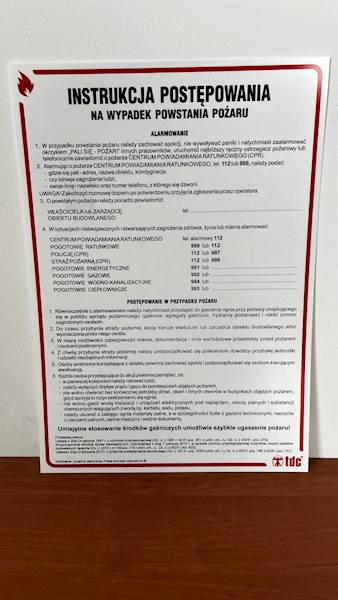 INSTRUKCJA POSTĘPOWANIA W PRZYPADKU POWSTANIA POŻARU 24,5X35